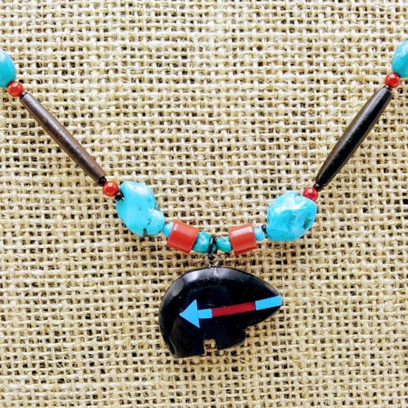 ZUNI BEAR &TURQUOISE*NECKLACE/CHOKER*MEN/UNISEX*TRIBAL/NATIVE*HAND CRAFTED - Picture 2 of 5